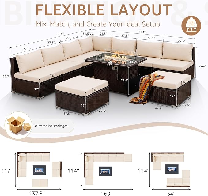 NICESOUL 10 Piece Patio Furniture Sectional Set with Fire Pit Propane/Natural Gas Convertible, 29.3'' High Back Deep Wide Outdoor Couch, 9 Seater Oversized High-End Wicker Conversation Sofas, Brown