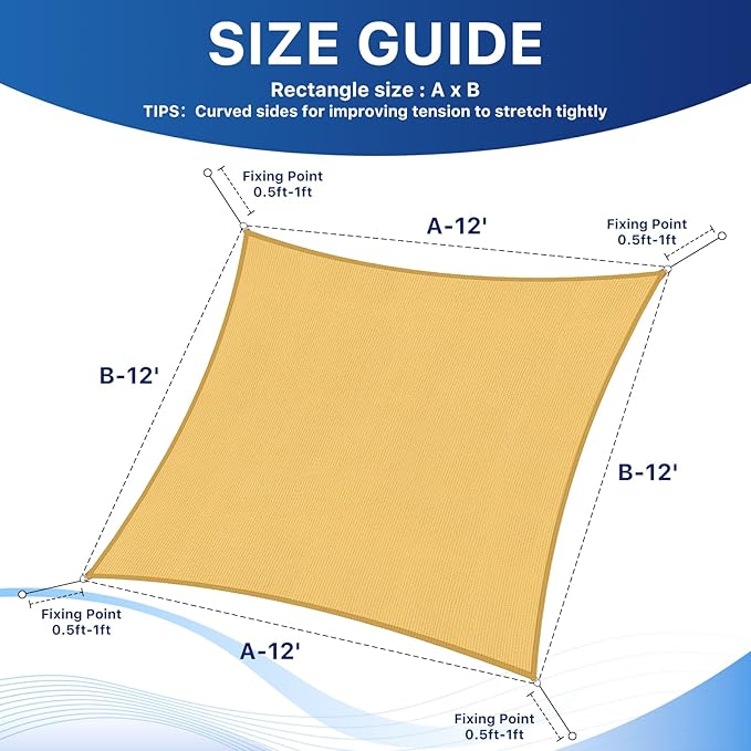 12'x12' Sun Shade Sail, UV Protection Outdoor Shade, Curved Tear Resistant Heavy Duty Sun Shade for Patio Garden, Backyard, Deck, Car Port, Playground, (Sand)