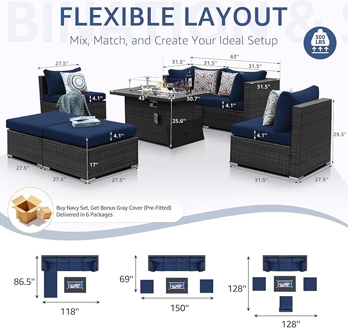 NICESOUL 7 Piece Outdoor Sectional Sofa Set with Firepit Natural Gas & Propane Convertible, Oversized Deep Seating Patio Furniture for Tall Person, 2 Color Cushion Navy & Gray for Easy Maintenance