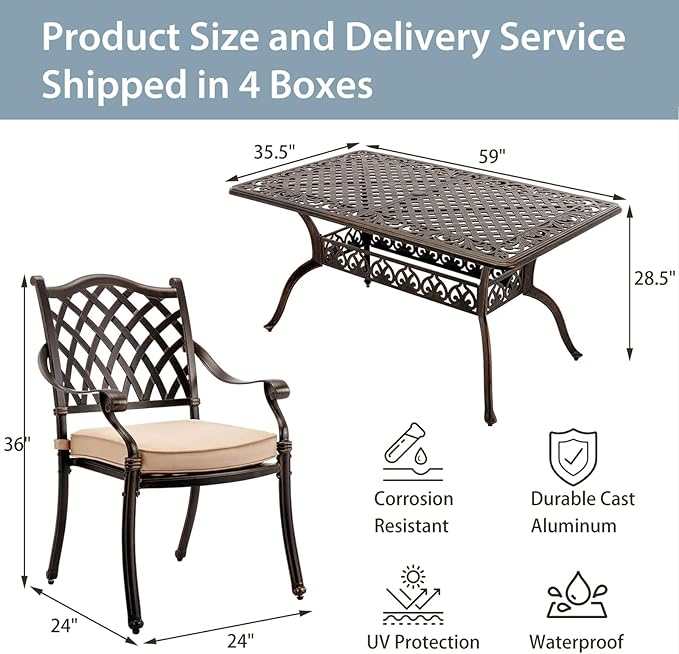 7-Piece Cast Aluminum Patio Furniture, Patio Dining Set for 6 Include 59" Rectangular Outdoor Dining Table and 6 Stackable Chairs with Cushions & Umbrella Hole (Bronze)
