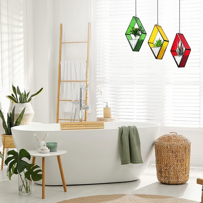 Yaomiao 3 Pcs Stained Glass Hanging Plant Terrariums Hanging Glass Planter Small Geometric Terrarium Air Plant Terrarium with Chain for Succulent Moss Holders Garden Wall Windowsill (Bright Color)