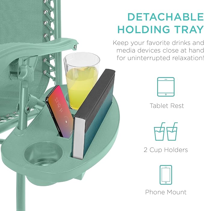 Best Choice Products Set of 2 Adjustable Steel Mesh Zero Gravity Lounge Chair Recliners w/Pillows and Cup Holder Trays - Seafoam