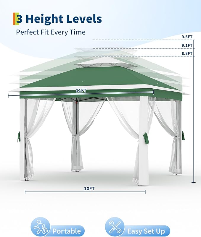11'x11 Pop-Up Gazebo, Instant Outdoor Canopy Tent with Mosquito Nettings, Durable Steel Frame, Water, and UV Proof, for Patio, Garden, Courtyard, Party (Green)