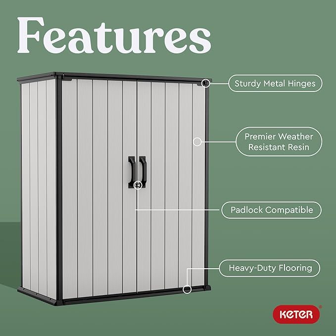 Keter Premier Tall 4.6 x 5.6 ft. Resin Outdoor Storage Shed with Shelving Brackets for Patio Furniture, Pool Accessories, and Bikes, Grey & Black