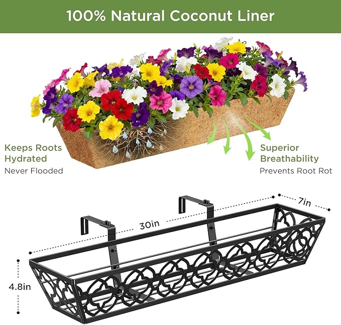 HFHOME 2 Pcs 30" Window Box Deck Railing Planter with Horse Trough Coco Liners, Black Metal Hanging Flower Planters Baskets for Indoor, Outdoor, Balcony, Porch, Fence, Patio, and Lawn