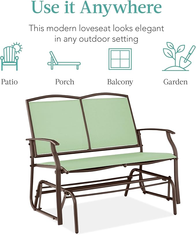 Best Choice Products 2-Person Outdoor Patio Swing Glider Steel Bench Loveseat Rocker for Deck, Porch w/Textilene Fabric, Steel Frame - Sage Green/Brown