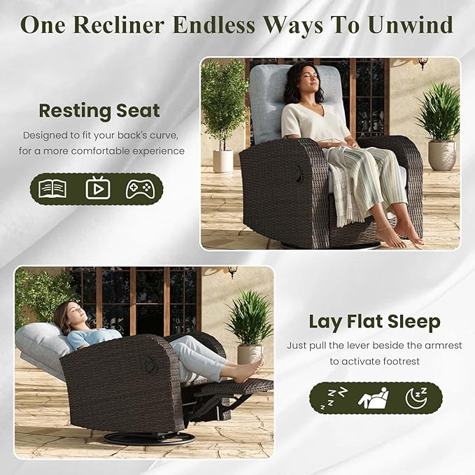 LayinSun Oversized Wicker Outdoor Swivel Glider Recliner with Adjustable Backrest & Footrest, Patio Reclining Lounge Chair