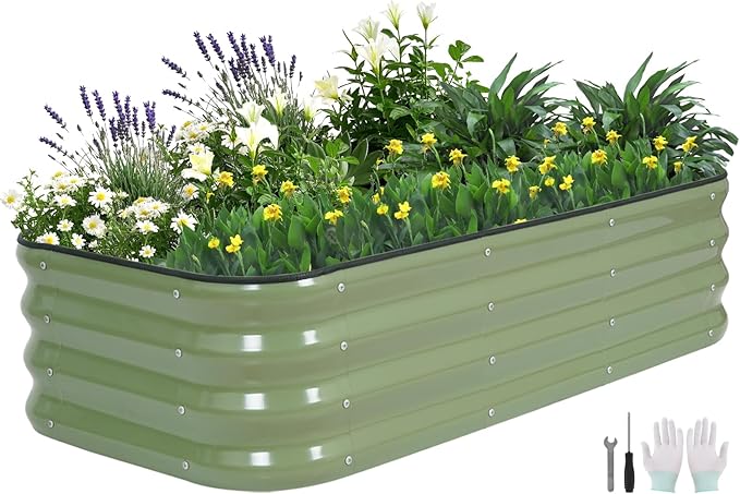 3 in 1 Galvanized Raised Garden Bed - 4x2x1ft Modular Garden Planter Bed Outdoor | Steel Raised Bed Kit with Bracing Rods, Gloves for Gardening Vegetables Fruits and Flowers (Green)