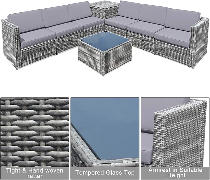 Tangkula 8 PCS Outdoor Patio Furniture Set, Rattan Wicker Sofa Set, Sectional Sofa Couch Conversation Set w/Storage Table and 12 Zippered Cushions for Garden Backyard Poolside (Grey)