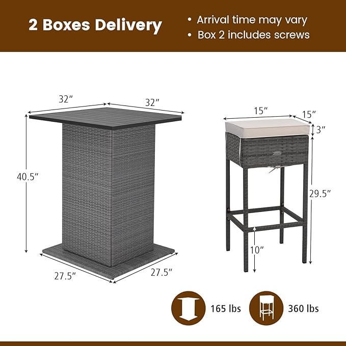 Tangkula 5 Piece Outdoor Rattan Bar Set, Patio Bar Furniture with 4 Cushions Stools and Smooth Top Table with Hidden Storage Shelf, Outdoor Conversation Set for Poolside, Backyard, Lawn (Grey-White)
