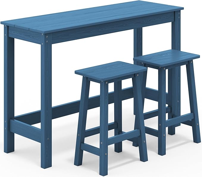 SERWALL 3-Piece Outdoor Bar Set, Rectangular All Weather HDPE Bar Height Patio Set, Outdoor High Top Table and Stools for for Outside, Poolside, Backyard, Garden, Blue