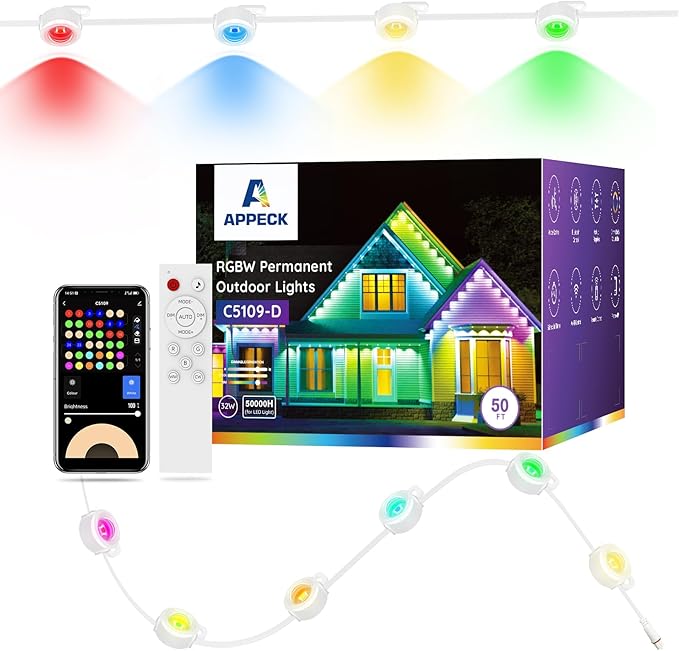 APPECK Permanent Outdoor Lights 50ft with 36 RGBW LEDs, 111 Scene Modes, Eaves Lights with 40lm Warm White, for Daily Holiday House Decor, App/Voice/Remote Control, White