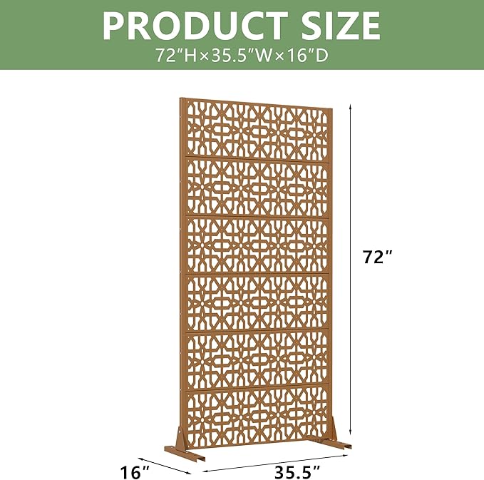 Casaphoria Metal Privacy Screen Outdoor, 72" H x 35" W Freestanding Decorative Privacy Screen for Patio Deck Balcony Garden with Stable Base, Brown-Perilla