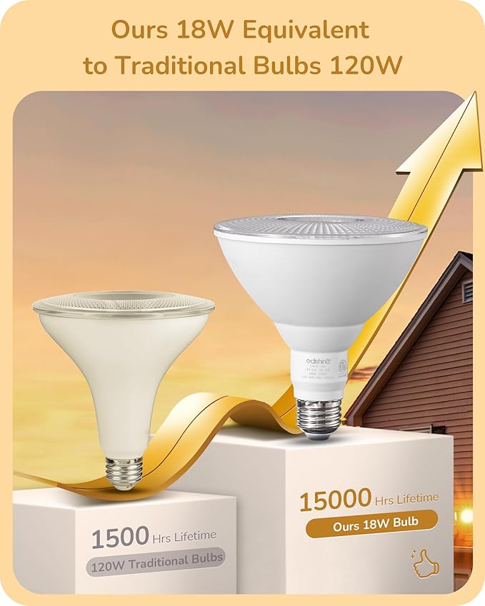 EDISHINE Flood Lights Outdoor, Dimmable PAR38 LED Outdoor Flood Light Bulbs, 120W Equivalent, IP65 Waterproof for Yard, Garage, Porch, 3000K Warm White, 18W 1800LM, E26 Base, 6 Pack ETL Listed