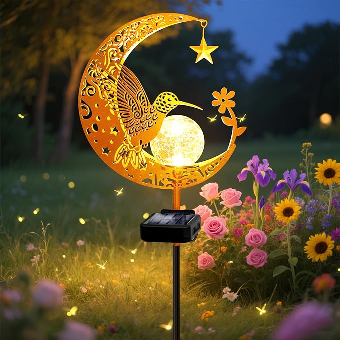 ZNYCYE Solar Lights Outdoor Decorative Moon Hummingbird Solar Stake Lights Birthday Gifts for Women mom Grandma,Hummingbird Garden Decor Waterproof for Walkway, Yard, Lawn, Patio (Warm White)