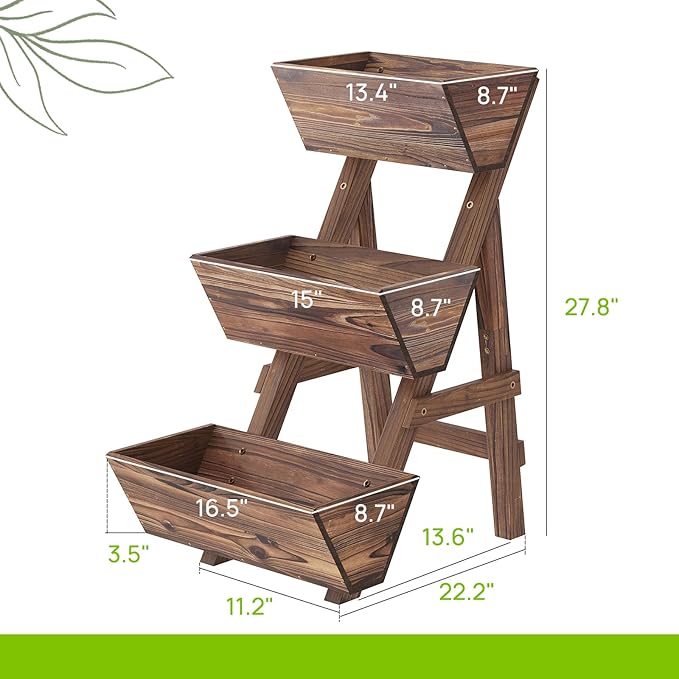 3-Tiers Wooden Raised Garden Bed Tiered Planter Box Flower Pots Vertical Garden Planter Wood Plant Stand Planter Kit for Vegetables Flowers Herbs for Patio Balcony Freestanding (Carbonized S)