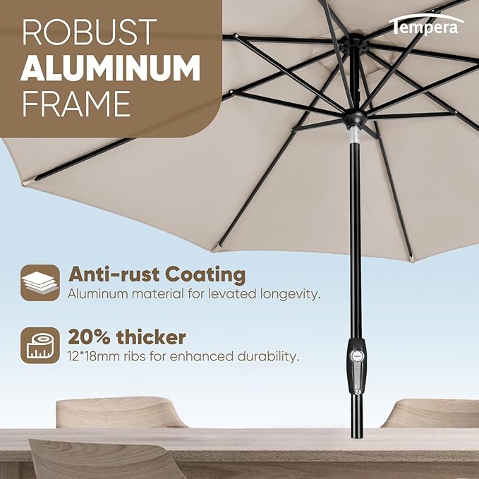 Tempera Patio Market Outdoor Table Umbrella with Auto Tilt and Crank, Large Sun Umbrella with Sturdy Pole & Fade Resistant Canopy, Easy to Set