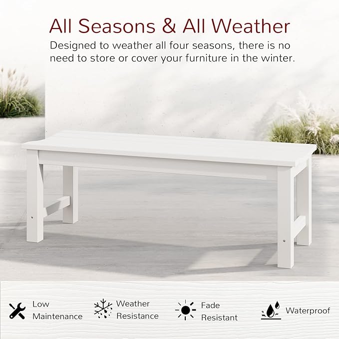 Stoog Outdoor Bench, 2-Person Patio Backless Bench, All-Weather HIPS Garden Bench with 800 lbs Weight Capacity, Never Rot or Fade, for Backyard, Porch and Park, White