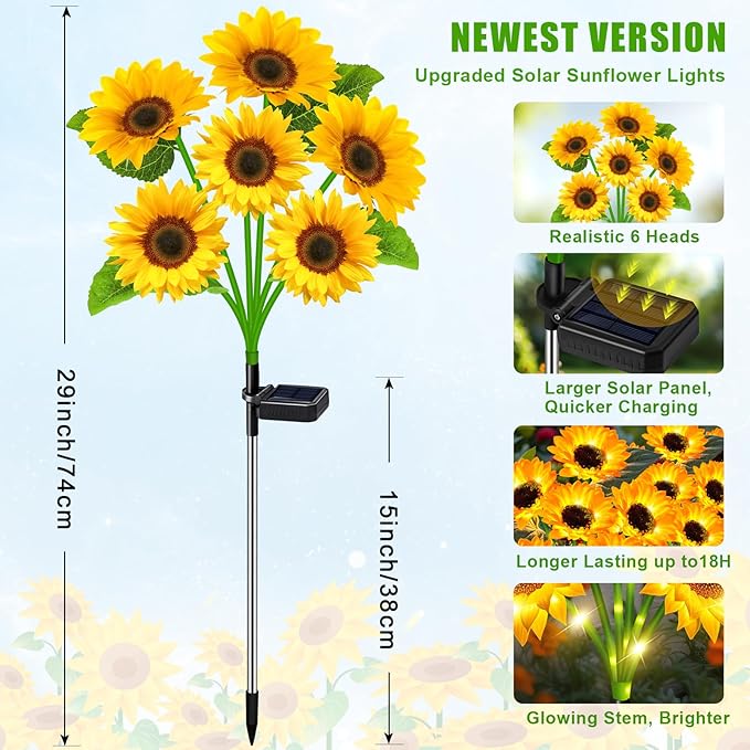 Sunflower Solar Lights Outdoor Decor, 6 Pack Solar Garden Decor Waterproof Solar Sunflower Outdoor Lights for Garden Patio,Flower Bed, Pathway, Gift for Women, Mom, Grandma (6 Pack)