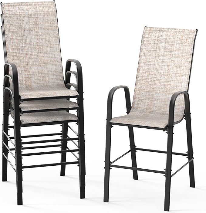 VINGLI Set of 4 Stackable Outdoor Bar Stools – Sling Chairs with High Back & Armrests, for Lawn, Garden, Bar, Yellow