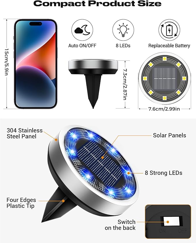 btfarm 4 Pack Solar Lights Outdoor, 8 LED Solar Ground Lights IP65 Waterproof Flat Solar Disc Light, Pathway Lights for Garden Lawn Patio Yard Path Landscape, Blue