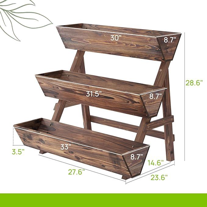 3-Tiers Wooden Raised Garden BedPlanter Box Gardening Outdoor Planter Box Patio Kit Tiered Planter Box Vertical Garden Planter Wood Plant Stand for Patio, Balcony, Freestanding (Carbonized L)