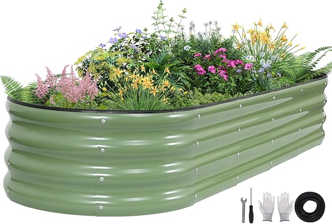 Galvanized Raised Garden Bed - 6×2×1ft Planter Raised Beds for Gardening | Oval Metal Garden Planter Box with Safety Edging and Gloves for Vegetables Fruits and Flower OliveGreen