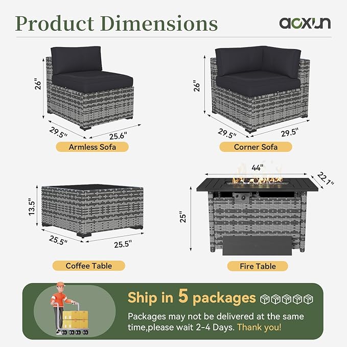 Aoxun 15 Piece Patio Furniture Set with Fire Pit Table Wicker Rattan Outdoor Sectional Sofa Set with Coffee Table and 4” Thickened Cushions, Grey/Black (Waterproof Cover Included)