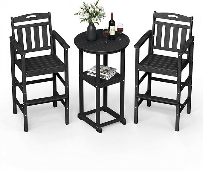 Ciokea 3-Pcs Bistro Table and Chairs, All-Weather Round High Top Bar Table with Storage Shelf and 2 Oversized Adirondack Chairs, Heavy Duty Outdoor Bar Set Patio Bistro Set for Balcony Deck, Black
