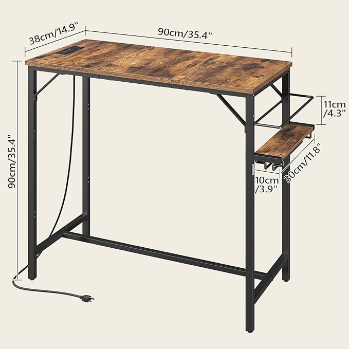 Bar Table, 35.4-Inch Counter Height Pub Table with Charging Station, Rectangular Dining Table with Wine Rack and Glass Holder, High Top Cocktail Tables, for Kitchen (Only Table)