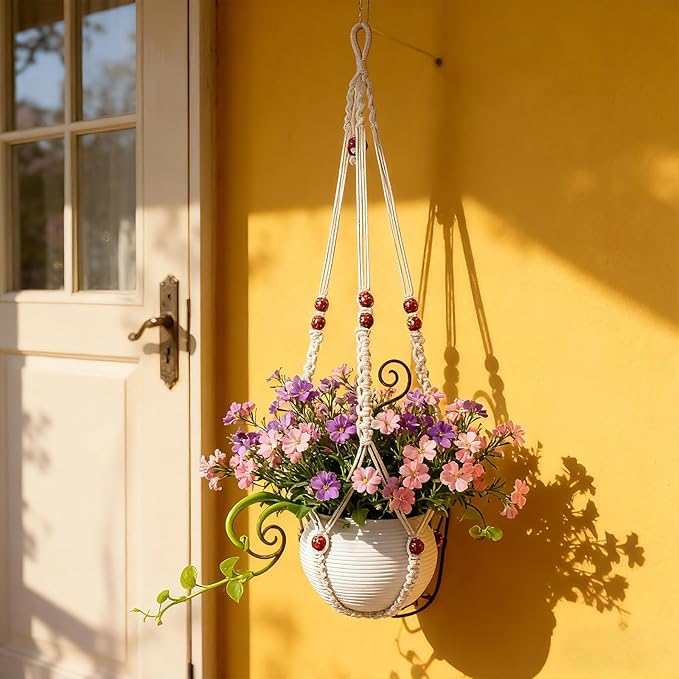 35 Inch Macrame Plant Hanger, Large for up to 15 Inch Pot Extra Long Hanging Planter Holder Basket with Wood Beads for Indoor Outdoor Home Decor (Ivory, 2-Pack)