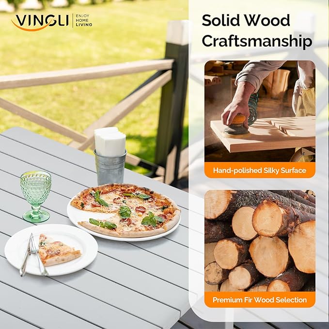 VINGLI Rectangular Outdoor Dining Table, Solid Cedar Wood Patio Table for 4-6 People, Waterproof Garden Table for Yard, Deck, Poolside (Gray)