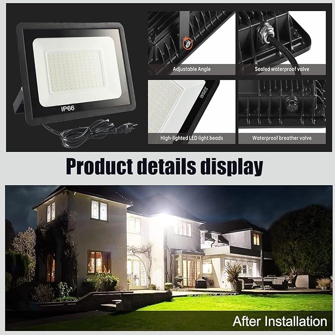 2Pack LED Flood Light Outdoor,250W LED Work Light 25500lmwith 6FT US Plug,IP66 Waterproof Exterior Security Lights,6000K Daylight White Outside Floodlights Slim Design for Playground Yard
