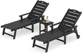 LUE BONA Chaise Lounge Chair with Table, 3-Piece, HDPS Chaise Lounger, 5 Positions Adjustable Lounge Chairs, Pool Lounge Chair with Wheels for Poolside, Backyard, Black