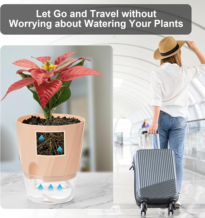 KIMCHOMERSE Self Watering Plant Pots, 4.7 Inch Plant Pots 3 Pack Indoor Planter Pots with Drainage Holes and Tray for Home Decor（White, Pink, Blue）