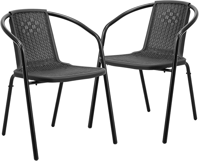 VINGLI PE Rattan Outdoor Dining Chairs Set of 2, Plastic Stackable Patio Chairs for Indoor, Porch, Restaurant, Garden, Black