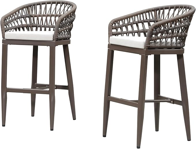 PURPLE LEAF Outdoor Rattan 29" Bar Stools Set of 2, Modern Boho Aluminum Patio Bar Height Chair with Cushion and Back for Garden Outdoor and Indoor, Coffee