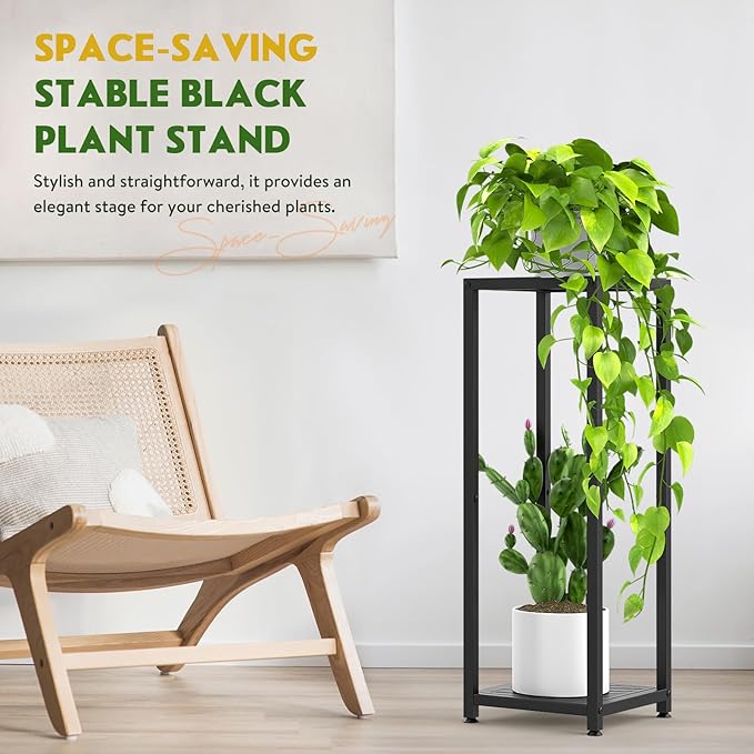 TOSKING Tall Plant Stand Indoor – 2-Tier Modern Metal Shelf, 30" Height & 200 LBS Capacity, Heavy Duty for Living Room, Balcony, Garden (Black)