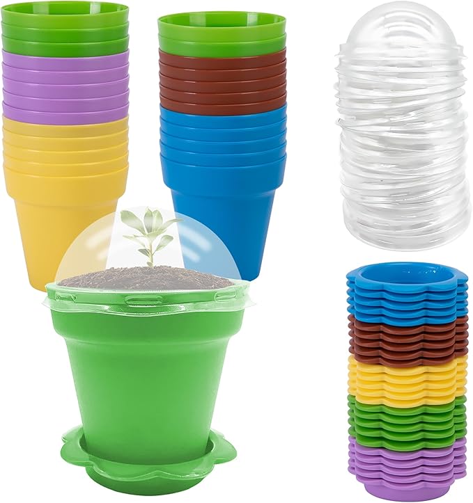 PURPLE STAR 1N 25 Packs Cupcake Plant Nursery Pots with Humidity Dome-Small Flower Pots for Kids-Planting Containers Cups for Indoor Outdoor Plant Succulent Display (Mixed Color)