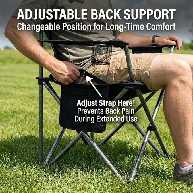 FAIR WIND Heavy Duty Camping Chair, Oversized Padded Folding Chair for Big and Tall (450lbs), Extra Wide Seat with Integrated Cooler & Storage Pocket, Adjustable Lumbar Support for Outdoor