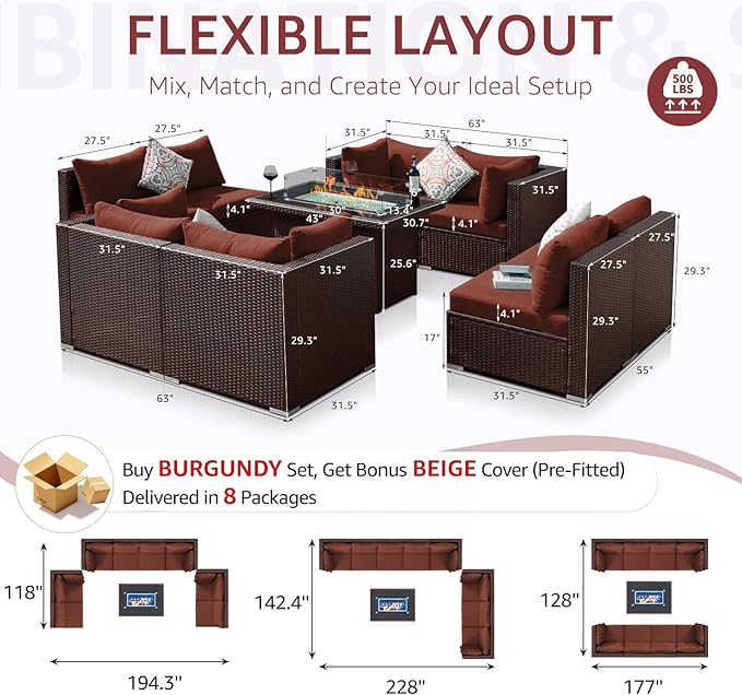 NICESOUL Modern 9 Pcs Patio Sectional Sofa Set with Fire Pit Natural Gas/Propane, Extra Large Outdoor Furniture Sets, 29.3'' High Back Deep Seats Conversations 8 Seater, Brown Rattan and Red Cushion