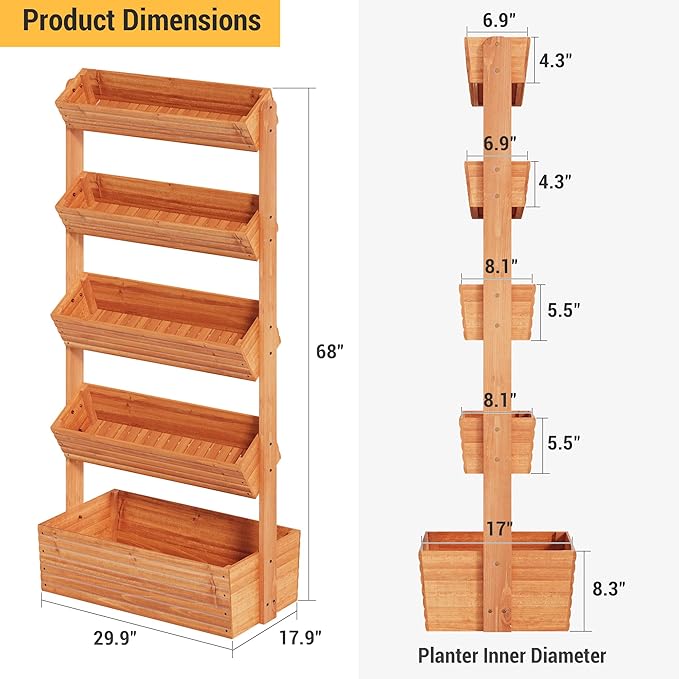 Vertical Wooden Raised Garden Bed Planters Wood Planter Kit Plant Stand Flower Rack Planter Box Gardening for Plants Herbs Flowers Vegetables Outdoor Indoor Freestanding (Orange 5-Tier)