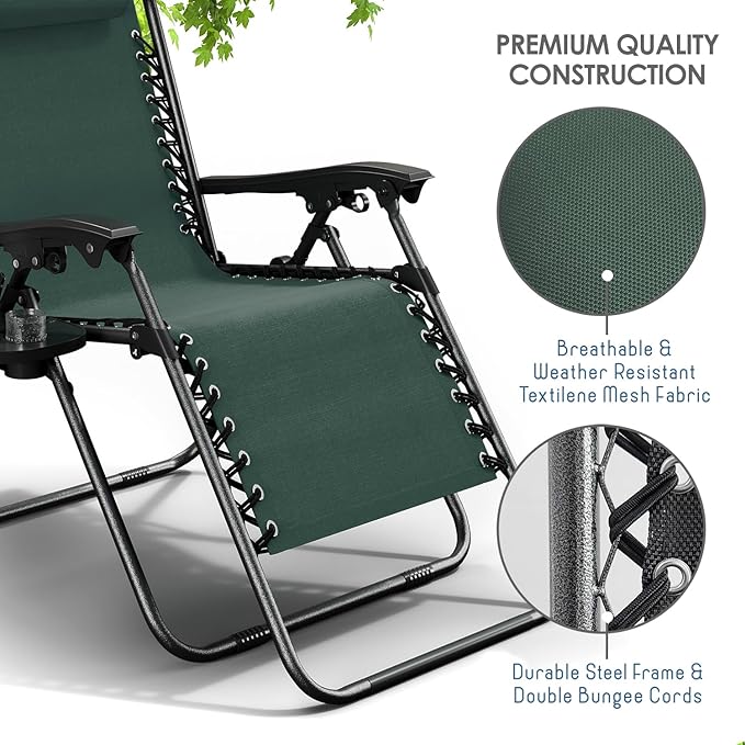 Nestl Zero Gravity Chairs Set of 4, Patio Lounge Chair Outdoor with Pillows & Cup Holder Trays, Adjustable Steel Mesh Reclining Camping Chair, Folding Patio Lawn Chair for Deck, Beach - Forest Green