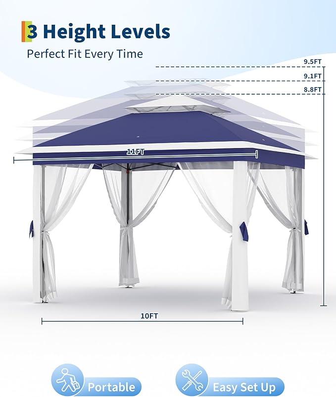 11'x11 Pop-Up Gazebo, Instant Outdoor Canopy Tent with Mosquito Nettings, Durable Steel Frame, Water, and UV Proof, for Patio, Garden, Courtyard, Party (Blue)