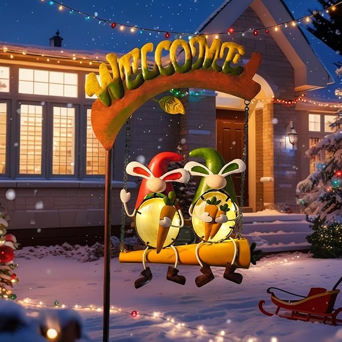HONGLAND Outdoor Decor Solar Lights, Hanging Gnomes Swing Gardening Gifts for Women, Gnomes Outdoor Easter Decor with Welcome Sign for Porch Patio