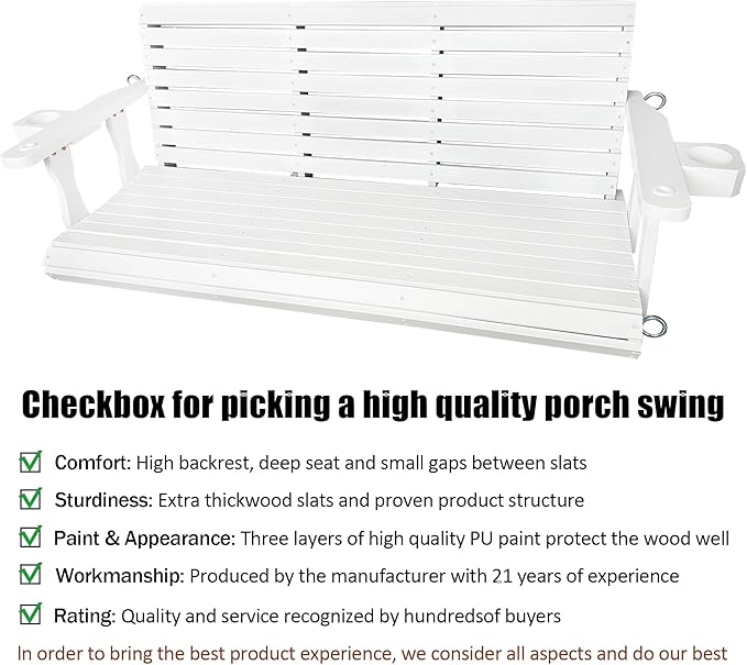 Wooden Porch Swing 3-Seater, High Backrest and Deep Seat, Bench Swing with Cupholders, Hanging Chains and 7mm Springs, Heavy Duty 880 LBS, for Outdoor Patio Garden (Pure White, 5 FT Extra Large)