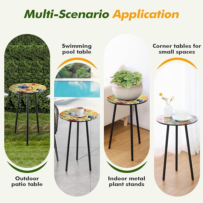 Party Zealot 2 Packs Metal Floral Round Side Table 13.2" Small Outdoor Patio Round Accent Coffee Tables Indoor Corner Stand for Small Spaces Weather-Resistant for Balcony Plant Stand