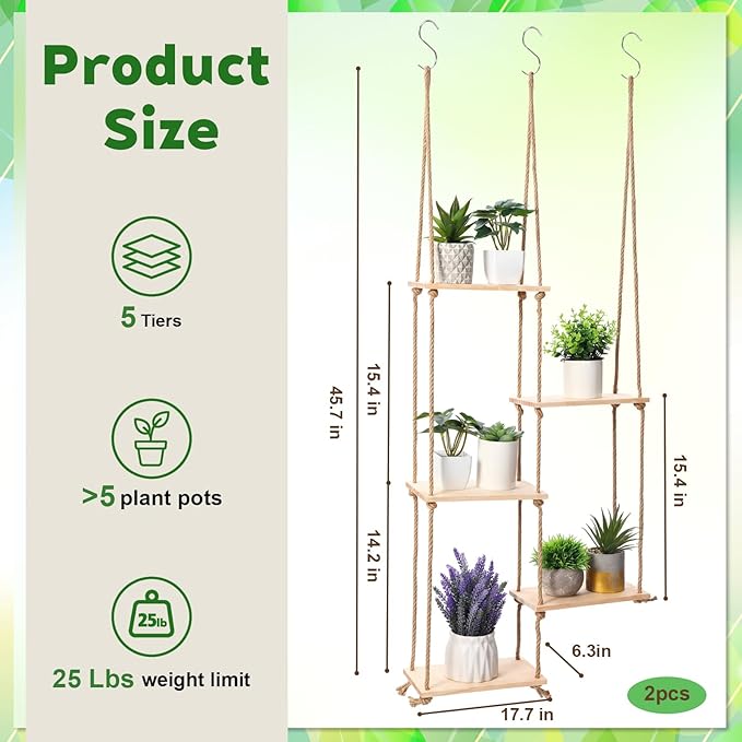 Novabright Window Hanging Plant Shelf with Wooden Shelves Macrame Rope Hanging Plant Stand with 3 S Hooks for Indoor Outdoor Bedroom Window Sill Balcony Boho Decor(Wood Color,2 Pcs)