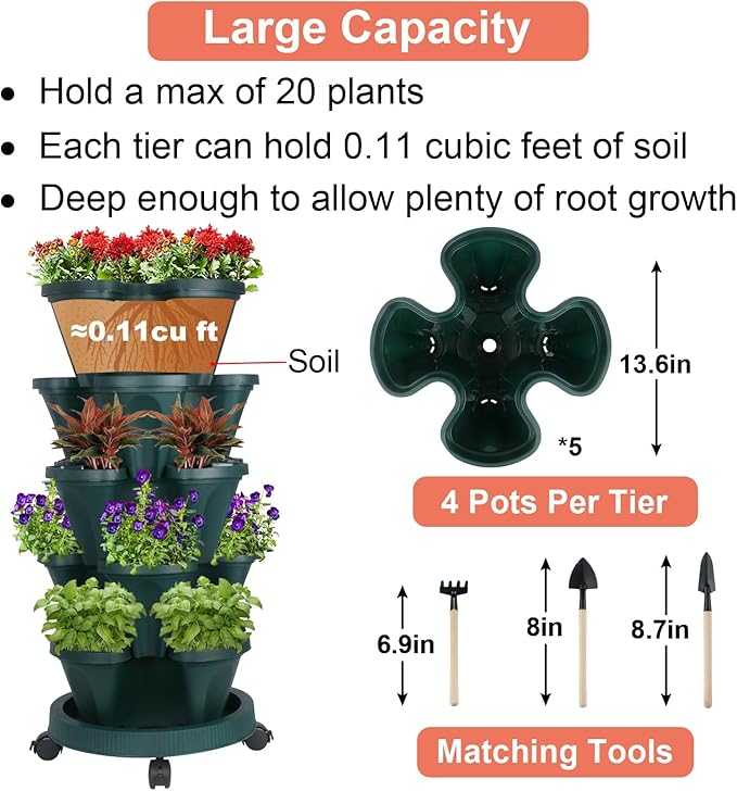 GameXcel Vertical Planter 5 Tier Stackable Planters Garden Planters Strawberry Herb Flower and Vegetable Planter Indoor Outdoor Gardening Pots with Removable Wheels and Tools - Green