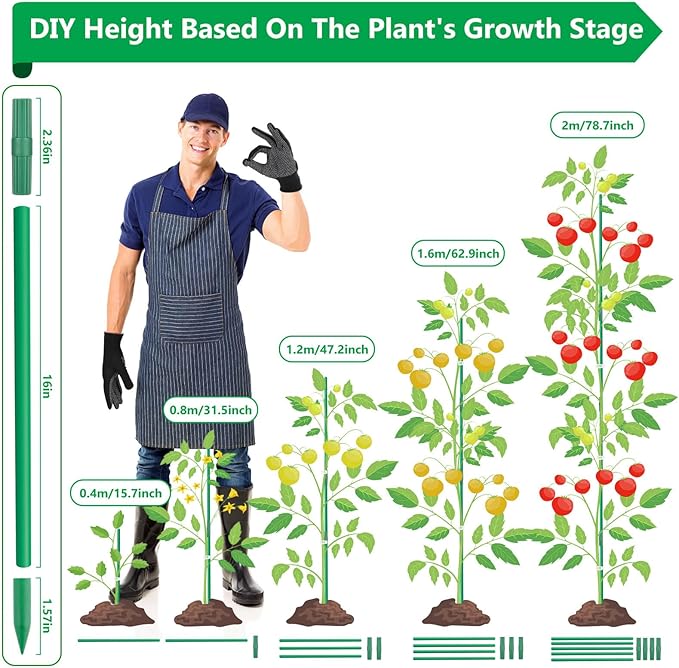Lezmarket 80 Pack Garden Stakes(16" Each), Plant Support Stakes, DIY 4ft 5ft 6ft 7ft Sturdy Fiberglass Plant Sticks Support Garden Trellis for Growing Climbing Tomato Vegetables Flowers